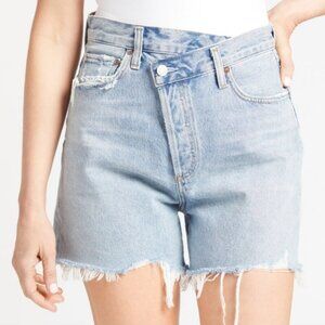 Agolde destructed denim Criss-Cross waist raw hem shorts, Symbol